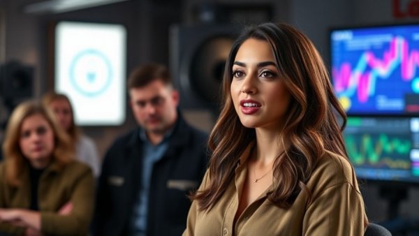 Confident woman discusses cryptocurrency safety, bright studio setting.