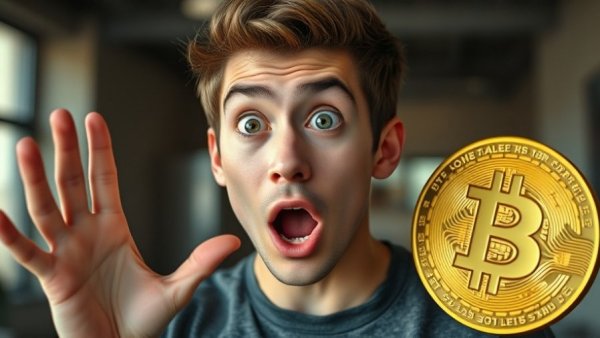 Surprised young man reacting to Bitcoin movement indoors.