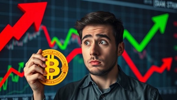 Person analyzing Bitcoin price prediction with arrows and Bitcoin symbol.
