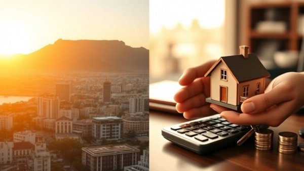 Property markets in South Africa 2025 depicted by cityscape and real estate symbols.