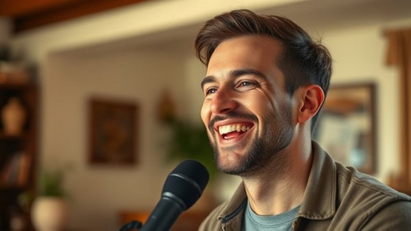 Man smiling and speaking into a microphone indoors.