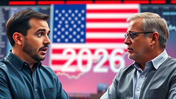 Two men discussing Bitcoin 2026 Crash Prediction with financial graph backdrop.