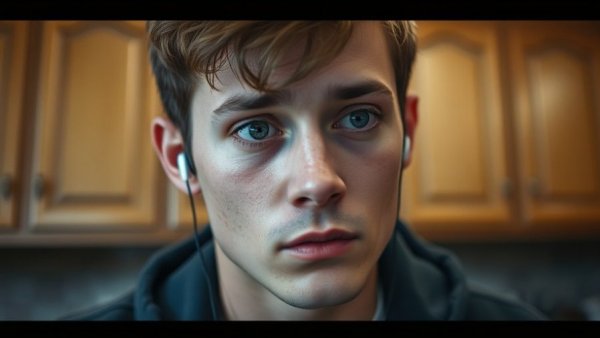 Concerned young man listening with earbuds indoors.