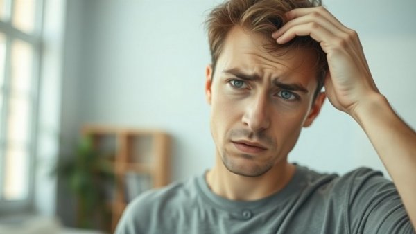 Confused young man indoors, holding head, hexagonal wall pattern.