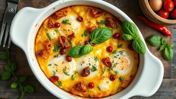 Easy leftover breakfast bake in a white dish with vibrant ingredients.