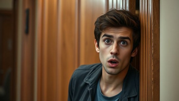 Startled young man indoors near a wooden door, warm lighting.