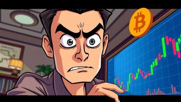 Perplexed person analyzing Bitcoin yearly candle dynamics, illustrated.