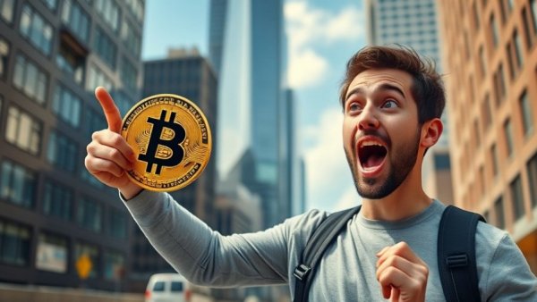 Excited young man pointing at Bitcoin, urban background, The Moon.