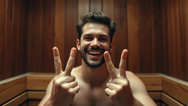 Cheerful man in sauna, smiling and showing three fingers, warm ambiance.