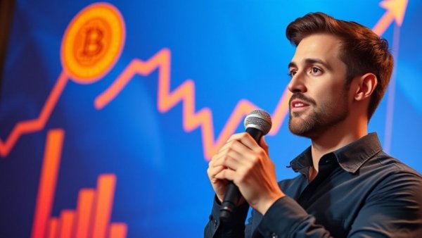 Confident man predicts 2026 Bitcoin price with dynamic charts.