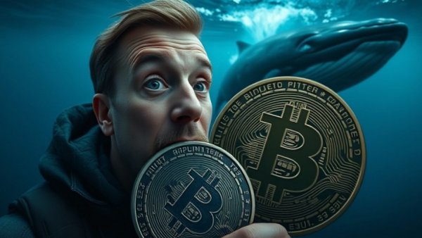 Surprised person with Bitcoin coin and whale backdrop, highlighting 'Bitcoin Whales Are Loading Up'.