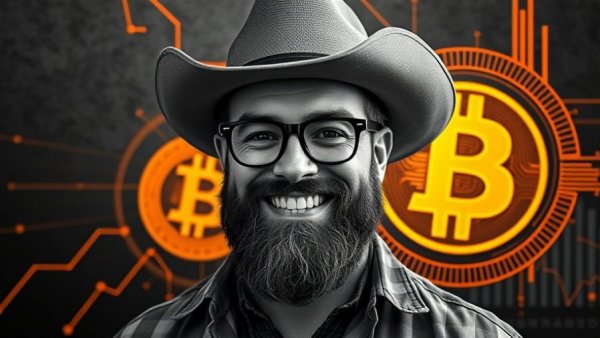 Confident man in cowboy hat with Bitcoin graphics for price prediction.