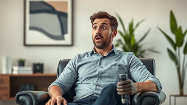 Surprised man in office chair with Bitcoin reaction.