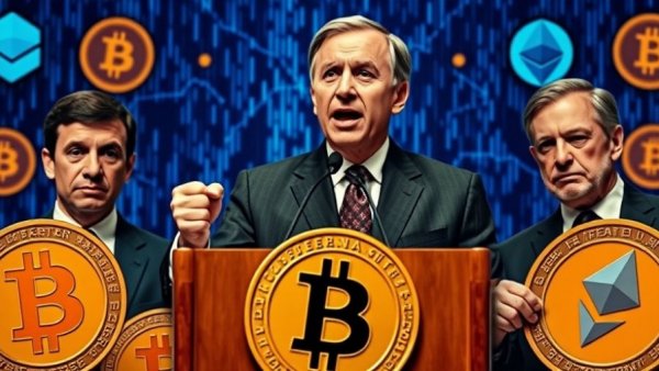 Collage with political figures and cryptocurrency symbols, focused expressions.