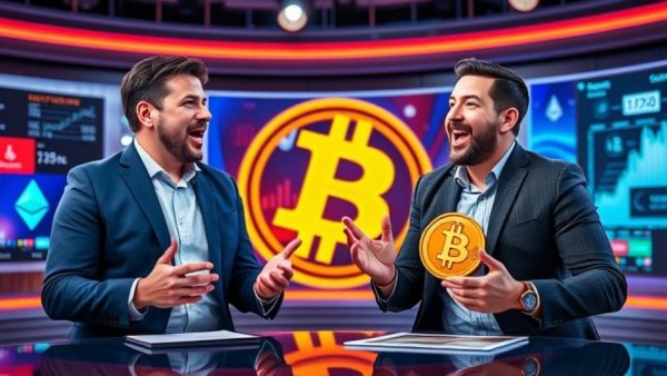 ETH and SOL Lead Cryptocurrency broadcast with Bitcoin symbol and market trend.