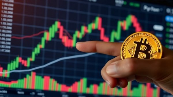 Bitcoin trading trends illustrated by a candlestick chart with a pointing finger.
