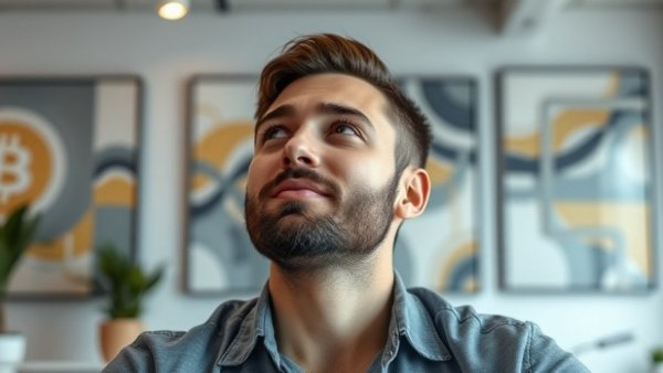Focused man predicting Bitcoin price increase to $100k in a modern office.