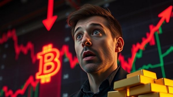 Bitcoin Gold Rotation financial scene with surprised man and market symbols.