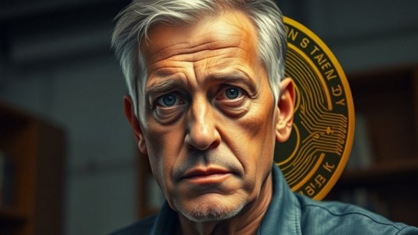 Serious man with Bitcoin symbol discussing investments indoors.