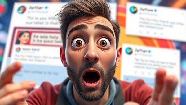 Surprised man reacting to tweet, high engagement metrics, vibrant graphic.