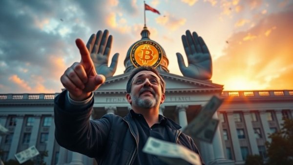 Dramatic Bitcoin imagery with a surprised man and federal building hands, predicting price.