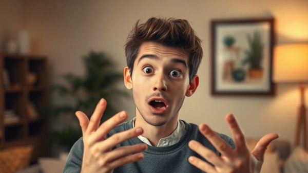Surprised young man reacting in cozy indoor setting