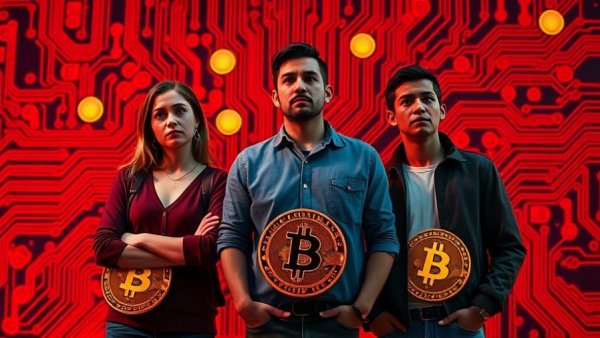 Concerned individuals with crypto symbols, highlighting crypto market urgency.