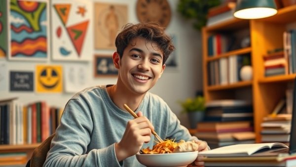 Young student studying with KFC meal in cozy room, KFC education initiative.