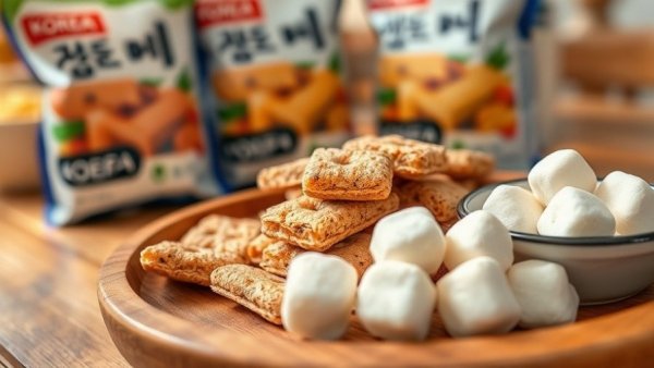 Healthy K-Snacks arranged with packaging and white puffs.