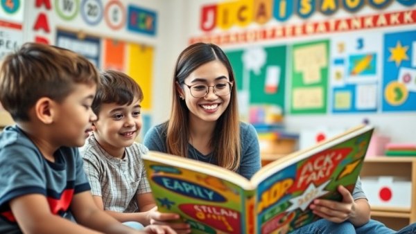Early childhood development scene with teacher and children in a colorful classroom.