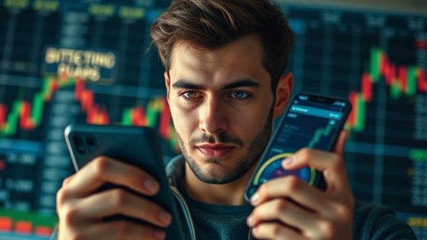 Bitcoin Rebound concept with a man holding a smartphone showing an upward trend.