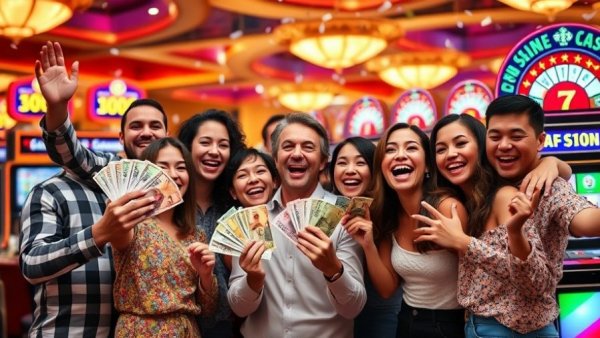 Joyful group celebrating Windmill Casino jackpot, holding money, confetti falling.