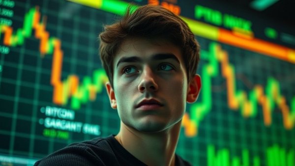 Will Bitcoin Keep Pumping question overlaid on stock chart with young man.