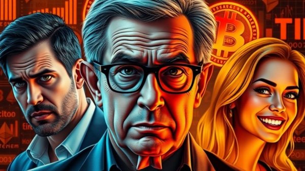Larry Fink Bitcoin manipulation illustration with worried faces and crypto symbols.
