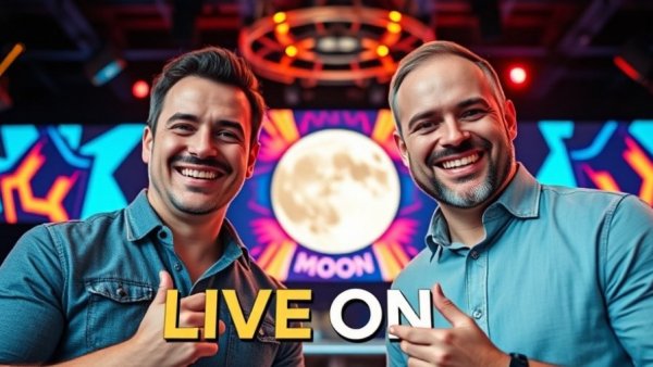 The Moon Show live event with hosts and logo.