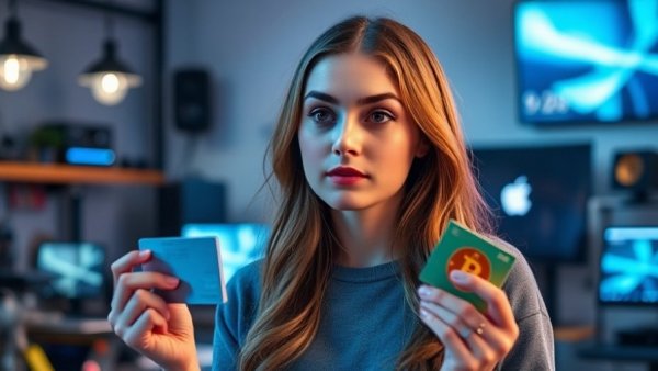 Young woman explains crypto card benefits in tech studio.