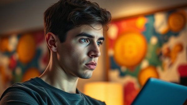 Concerned young man analyzing Bitcoin trends indoors.