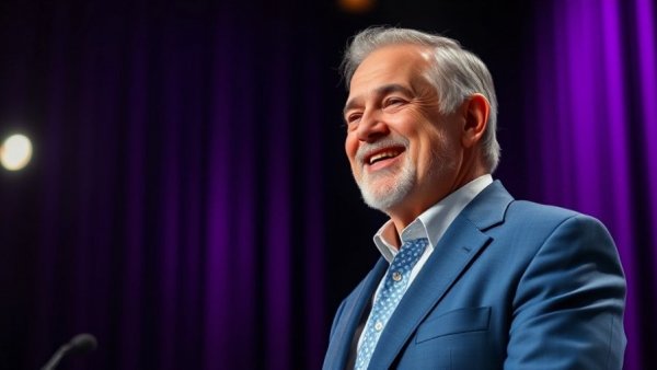 Trump Bitcoin Insights speech by a confident man in a blue suit.