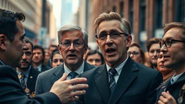 Bitcoin investors rally with political figures and currency visuals.