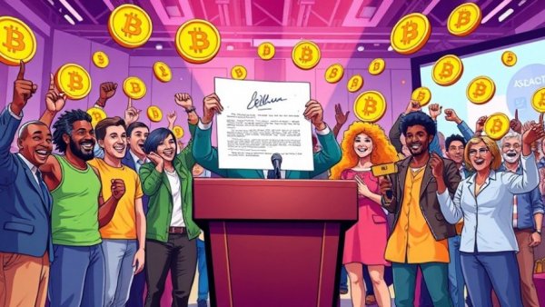 Bullish sentiment on Bitcoin with diverse group at podium, colorful illustration.