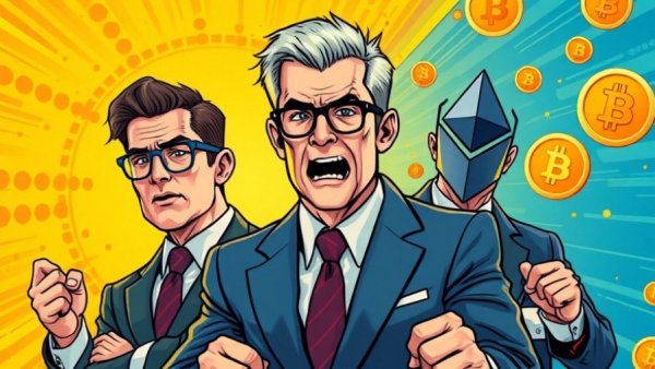 Crypto news illustration with businessmen and cryptocurrency symbols.