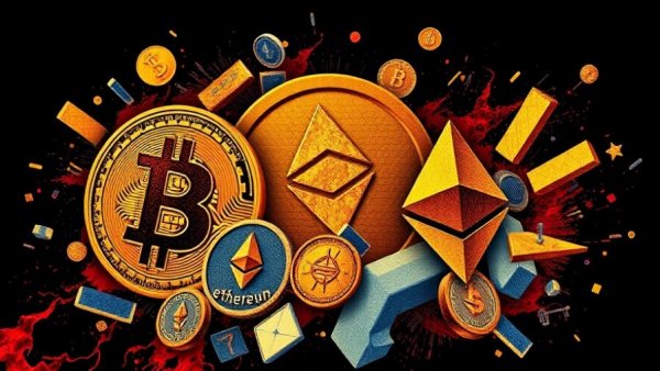 BlackRock and the Future of Cryptocurrency: Bold collage with crypto icons and alert symbols.