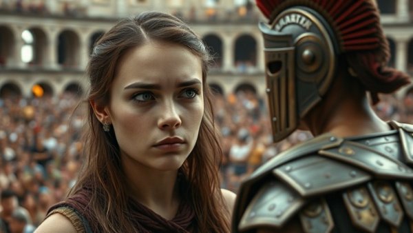 Concerned woman observing digitalized gladiator, financial debasement and digital distraction theme.