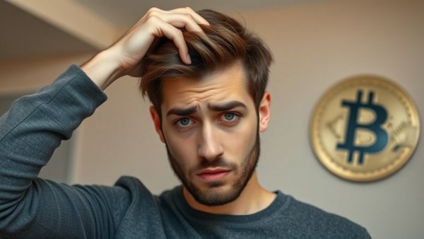 Young man worried about crypto crash incoming, Bitcoin symbol visible.