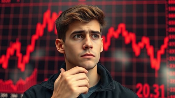 Worried man reacting to Bitcoin crash news with graph and coin.