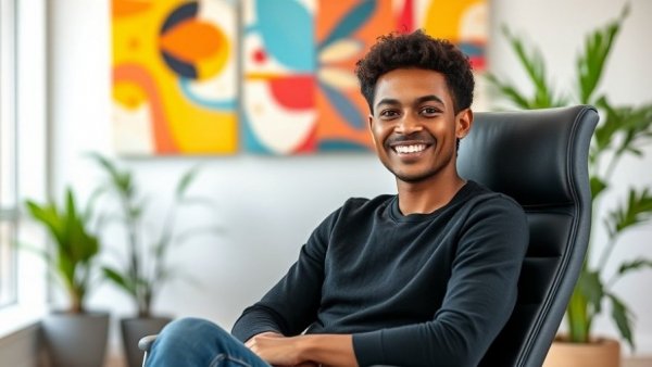 Smiling person in an office with wall art and greenery.