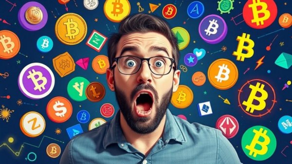 Crypto news highlights with a surprised man and currency logos.