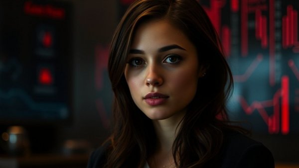 Young woman engaging calmly, cinematic shot, tech backdrop.