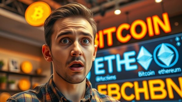 Young man surprised with Bitcoin and Ethereum graphics indoors.