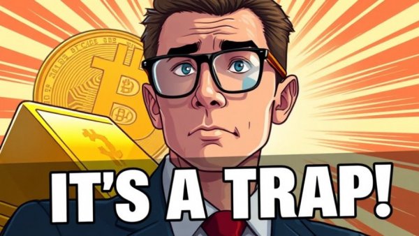 Businessman with gold bar and Bitcoin symbol, highlighting sell gold before Bitcoin's rise